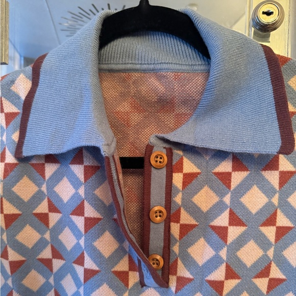 NWT CIDER Knit Collar Geometric Short Sleeve Sweater in Blue - Sz S - Picture 4 of 11